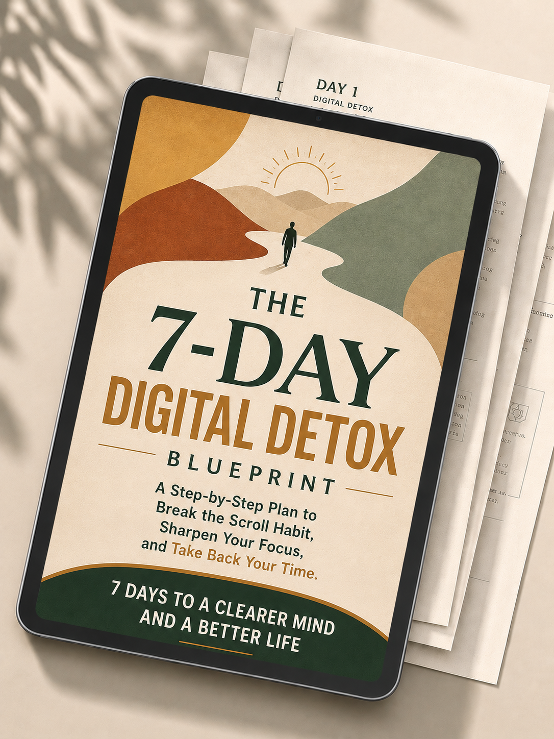 Reclaim Your Attention — 7-Day Digital Detox Blueprint workbook on tablet with printed worksheet pages